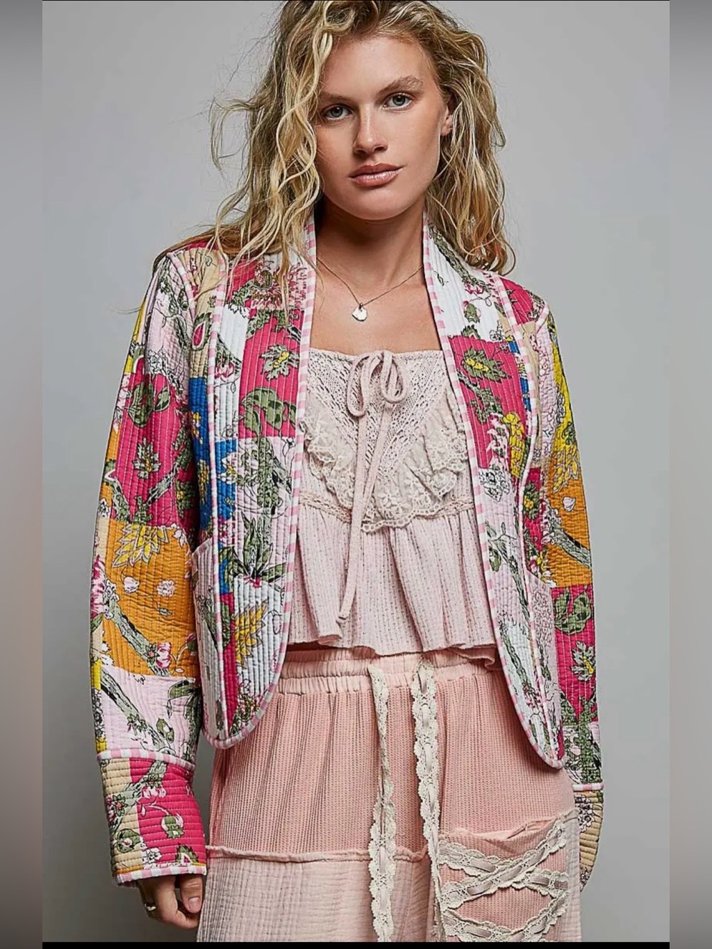 POL multicolor floral cotton kantha quilted boho western embroidered jacket coat - Picture 6 of 6